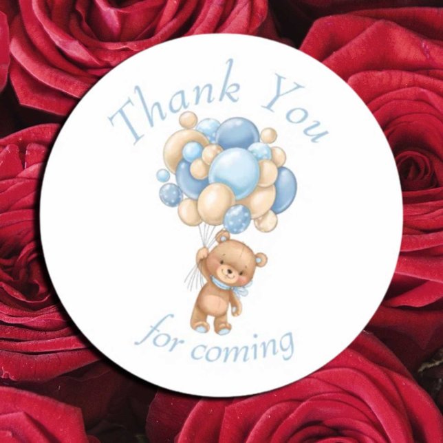 Adesivo Teddy Bear Blue Balloons Chá de fraldas Obrigado (We can Bearly Wait, Thank You sticker)