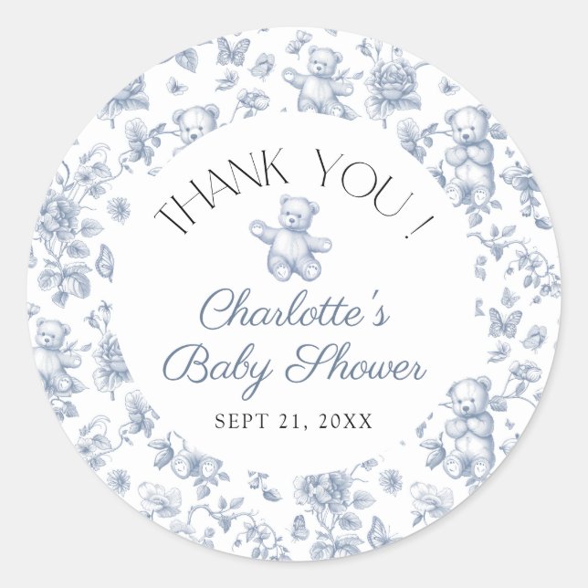 Adesivo Teddy Bear Blue Toile Boy Chá de fraldas Obrigado (Frente)