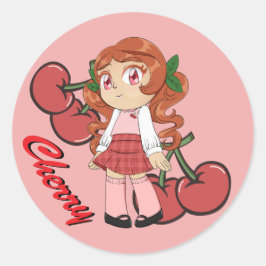 Adesivo Tema de Cereja Bonita Chibi com Fundo de Cereja
