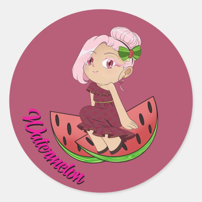 Adesivo Tema de Melancia Fofa Chibi com Melões Fatiados (Frente)