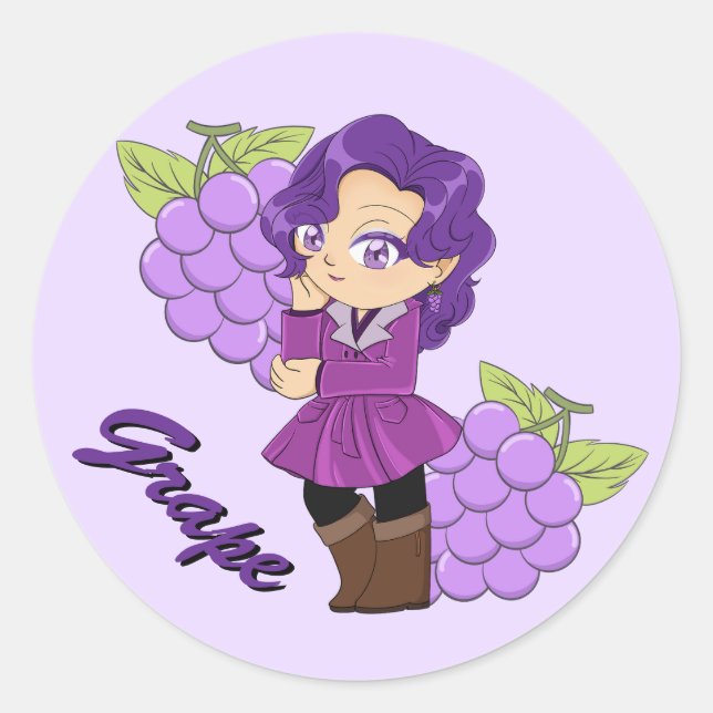 Adesivo Tema de Uva Fofa Chibi com Fundo de Uva (Frente)