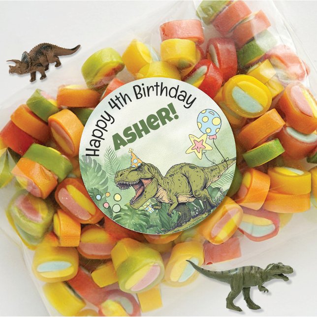 Adesivo Tema do Dinossauro Cónico Kids Nome Festa de anive (Round dinosaur theme kids boy birthday party favor sticker, 1st, 2nd, 3rd, 4th, 5th, custom name rex)