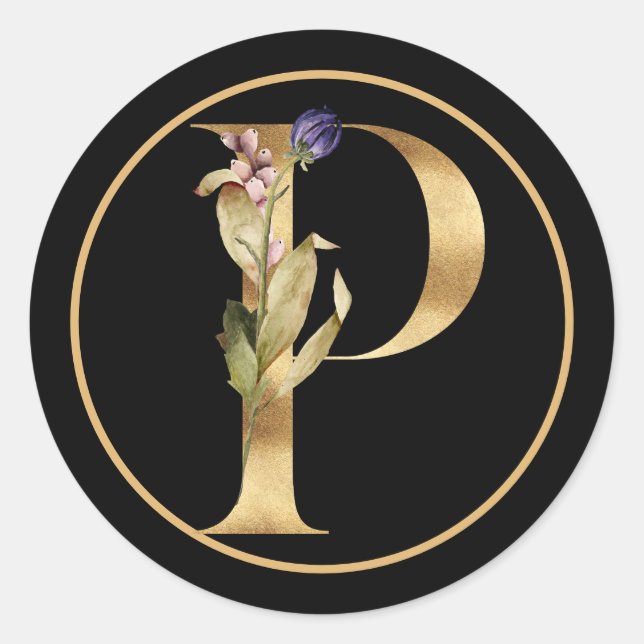 ADESIVO TEMA DOURADO MONOGRAMA P COM DISPOSIÇÃO FLORAL (Frente)