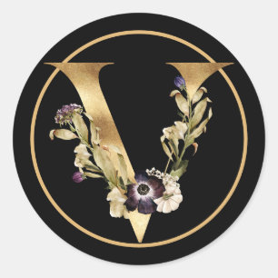 ADESIVO TEMA DOURADO MONOGRAMA V COM FLORES