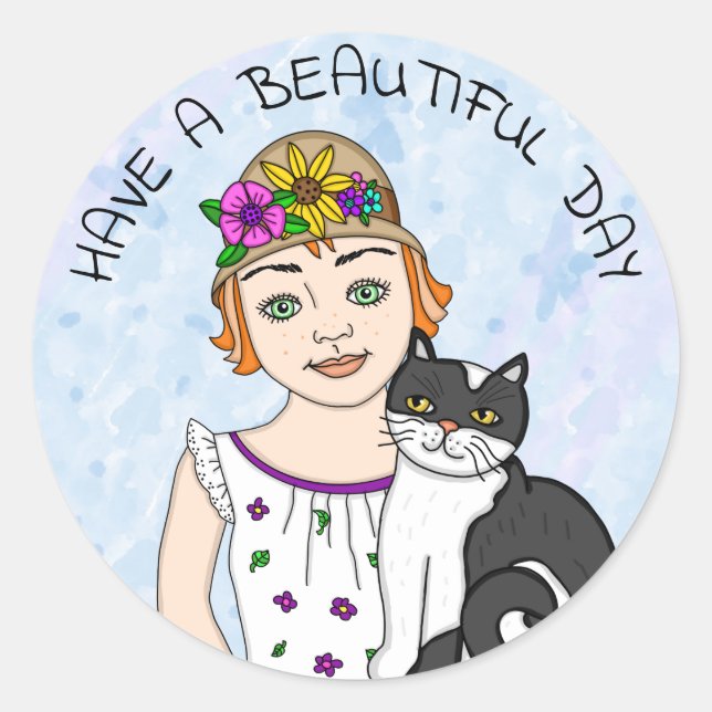 Adesivo Tenha um belo dia! Folk Art Girl and Cat (Frente)