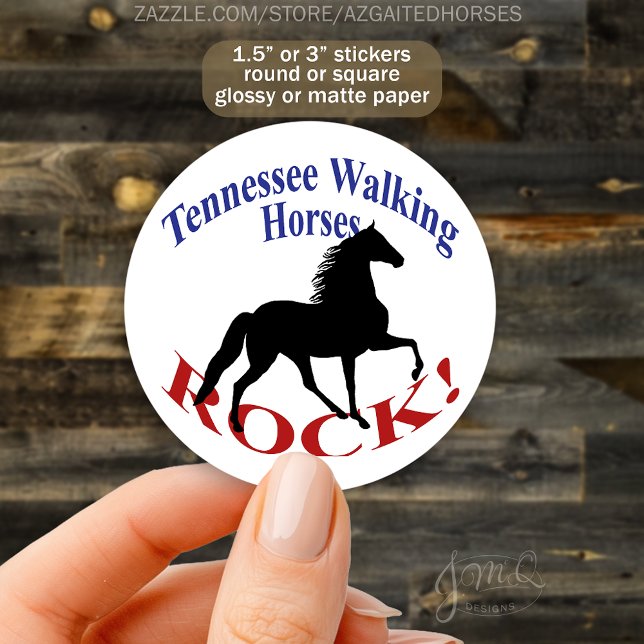 Adesivo Tennessee Walking Horses Rock! - Cavalo Levado (Round white sticker featuring a black Tennessee Walking Horse silhouette with blue and red text. )