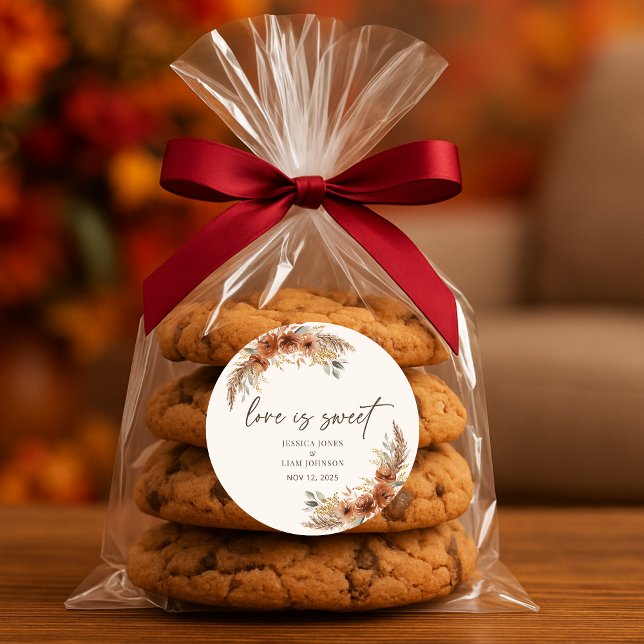 Adesivo Terracotta Boho Fall Floral Weding Love é doce (Terracotta Boho Fall Floral Wedding Love is sweet Classic Round Sticker)