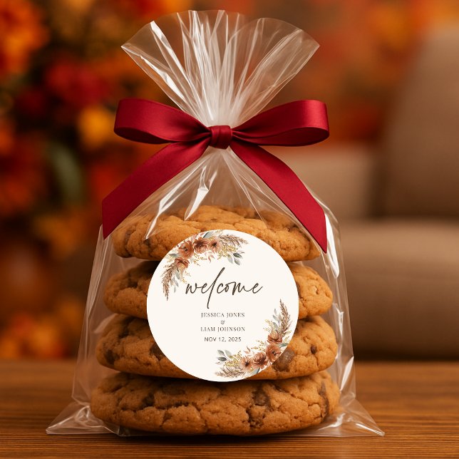 Adesivo Terracotta Rustic Fall Floral Weding Bem-vindo (Terracotta Rustic Fall Floral Wedding Welcome Classic Round Sticker)