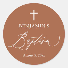 Adesivo Terracotta White Cross Boy Baptism Round Sticker