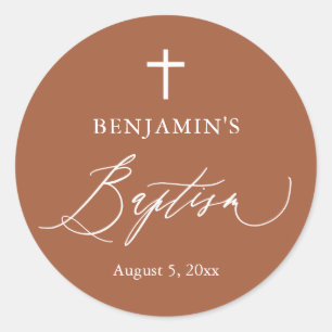 Adesivo Terracotta White Cross Boy Baptism Round Sticker
