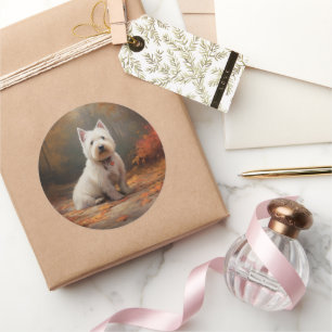 Adesivo Terrier Branco do West Highland entre Folhas de Ou