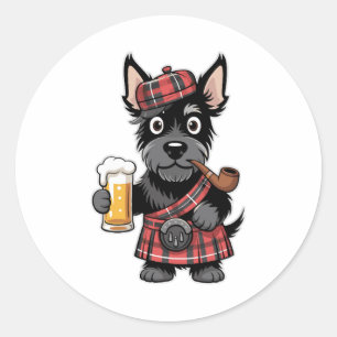 Adesivo Terrier escocês em Tartan Kilt com Cerveja e Pipe
