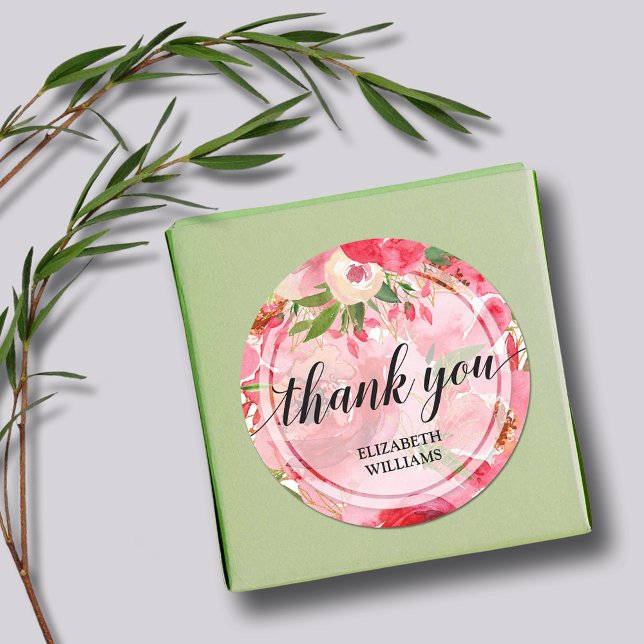 Adesivo Texto de Agradecimento Peônia Flores (3" round stickers with your name and Thank You on pink and cream peony flowers)