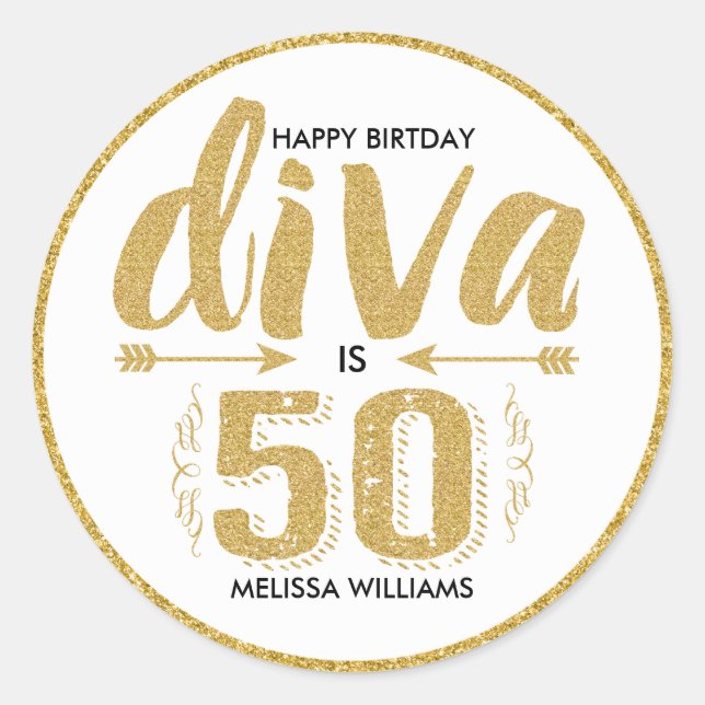 Adesivo Texto Dourado Moderno - Diva É 50 Parabéns (Frente)