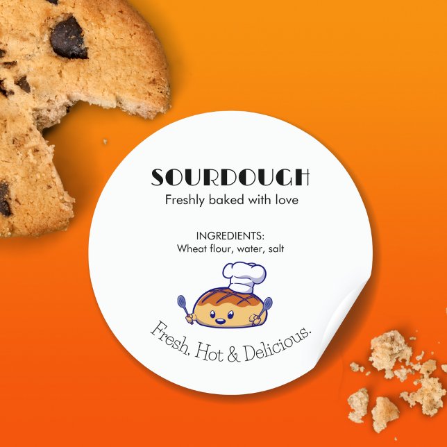 Adesivo Texto Negrito de Cartoon de Pão de Chourdough Mode (Sourdough Bread Cartoon Bold Text Modern Classic Round Sticker)