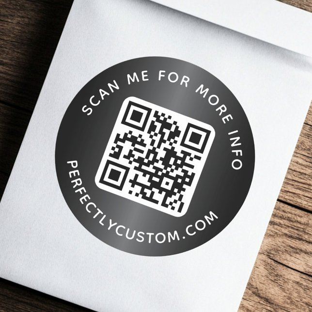Adesivo Texto personalizado do código QR arredondado ao gr (QR code custom text round dark gray gradient Classic Round Sticker)