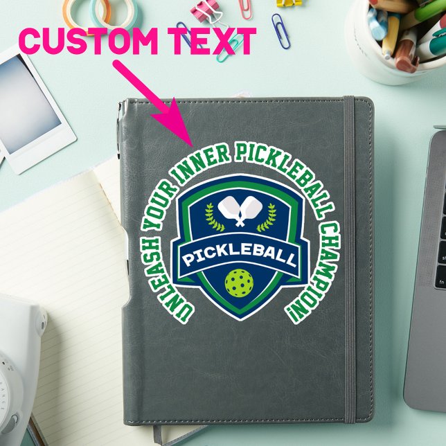 Adesivo Texto personalizado Pickleball verde e azul (Cool pickleball sticker with customizable text around main graphic. Great to decorate your items!)