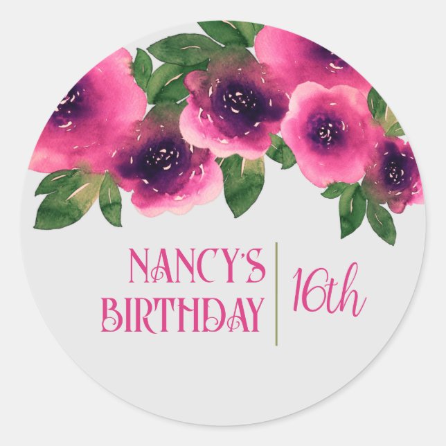 Adesivo Texto rosa Cor d'água Rosa Rosas Rosa 16º Aniversá (Frente)