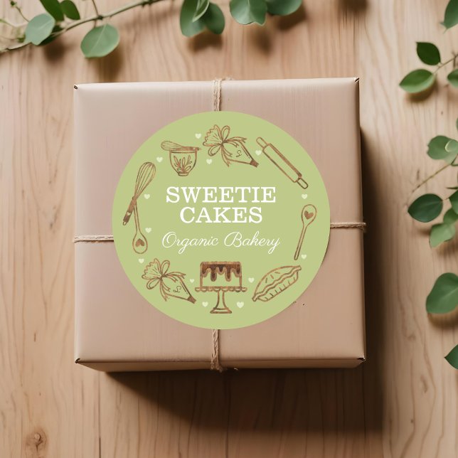 Adesivo Textura de madeira de solo e Cozinhar (Baking & Cooking Utensil Woodgrain Texture & Green Classic Round Sticker)