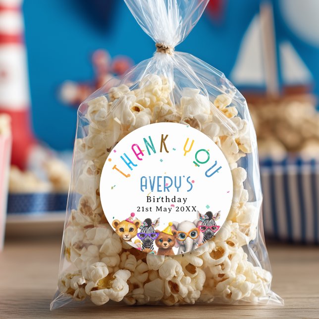 Adesivo Thank you! Animals Kids Birthday (Thank you! Animals Kids Birthday Classic Round Sticker with your Name and Date)