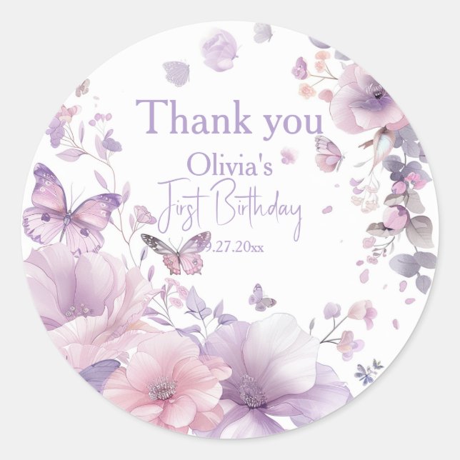 Adesivo Thank You Sticker Label | Lilac Butterfly Watercol (Frente)