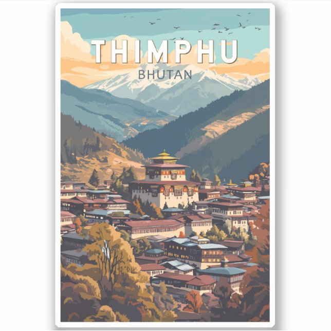Adesivo Thimphu Bhutan Illustration Viagem Art Vintage (Frente)