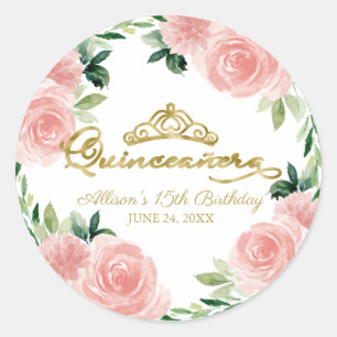Adesivo Tiara Dourada de Quinceanera Floral Rosa Clássico