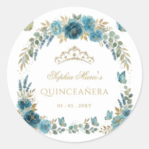 Adesivo Tiara Floral Borboleta Azul Dourado Quinceañera