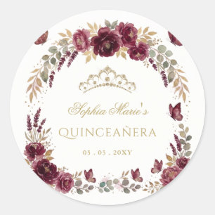 Adesivo Tiara Floral Borboleta Borgonha Dourada Quinceañer