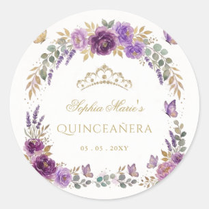 Adesivo Tiarra Floral Borboleta Roxo Dourado Quinceañera