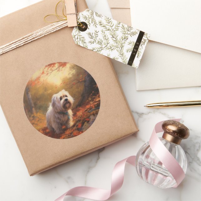 Adesivo Tibetano - Terrier no outono deixa cair inspiração (Presentear)