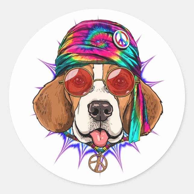 Adesivo Tie Dye Hippie Beagle Hippiness Peace Love Dog (Frente)