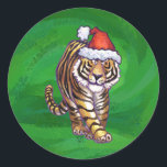 Adesivo Tiger Christmas On Green<br><div class="desc">Os presentes e acessórios de Natal Festivos do Animal Parade Tiger apresentam nossa divertida trabalho de arte de um tigre fofo decolado em um chapéu vermelho de Papai Noel em uma paisagem nevada contra um céu noturno estrelado azul escuro texturado e estrelado pintado por nosso talentoso artista animal, Traci Van...</div>