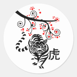 Adesivo Tigre chinês de ano novo e flores vermelhas