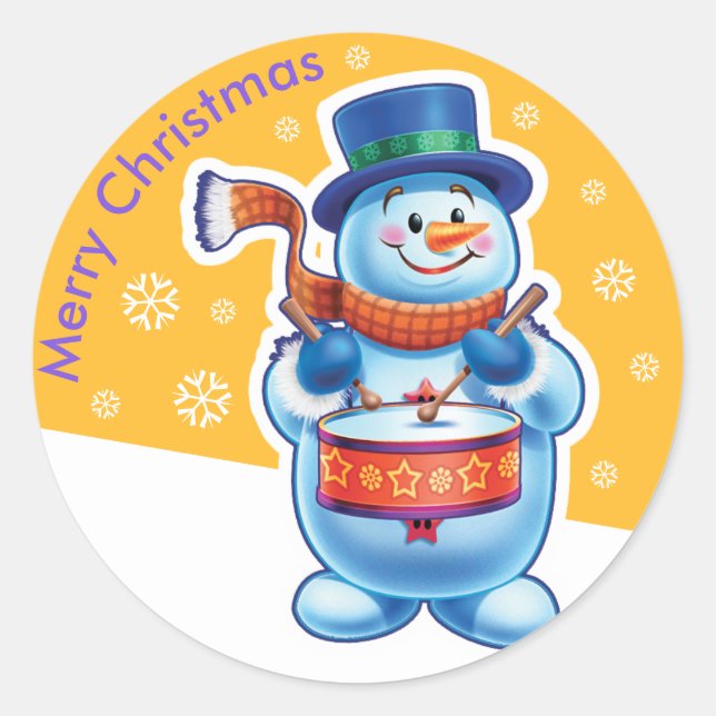 Adesivo Tímulo de ouro de Natal, baterista Snowman. (Frente)