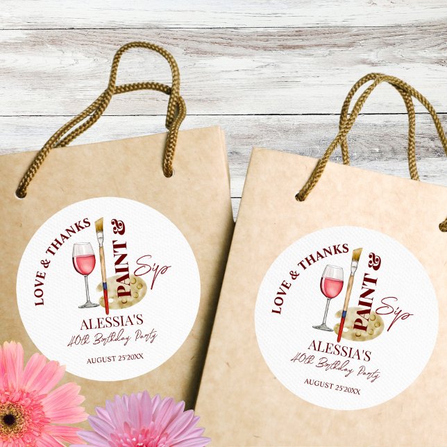 Adesivo Tinta e beba vinho e favoritos para festas temátic (Paint and sip wine and art themed birthday party favors thank you favor stickers)