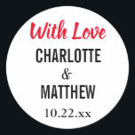 Adesivo Tipografia Moderna Elegante De Casamento Com Amor<br><div class="desc">Um adesivo elegante para usar no seu casamento ou festa de noivado! A tipografia moderna trabalha com temas e cores de casamento. Personalize com seus nomes e data de casamento. Mantenha a mensagem Com amor ou crie uma mensagem personalizada de sua escolha.</div>