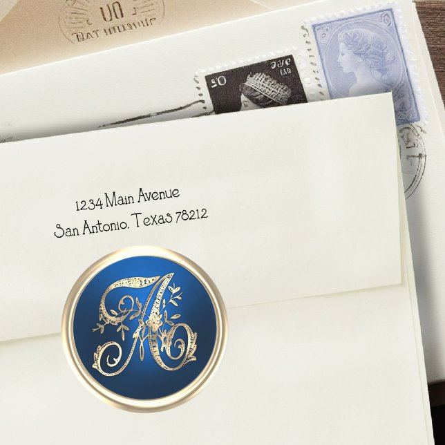 Adesivo Todas as Iniciais Douradas de Monograma Azul (Criador carregado)