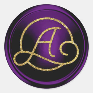 Adesivo TODAS AS INICIAIS Monograma Círculo Dourado Roxo E