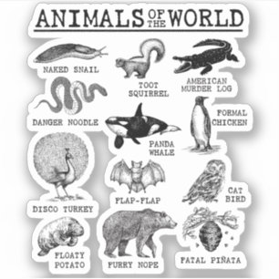 Adesivo Todos os Animais do Mundo Vintage Engraçados