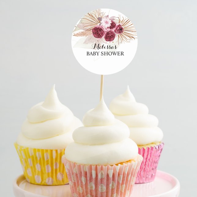 Adesivo Toppers de cupcake de grama Pampas Boho Borgonha (Criador carregado)