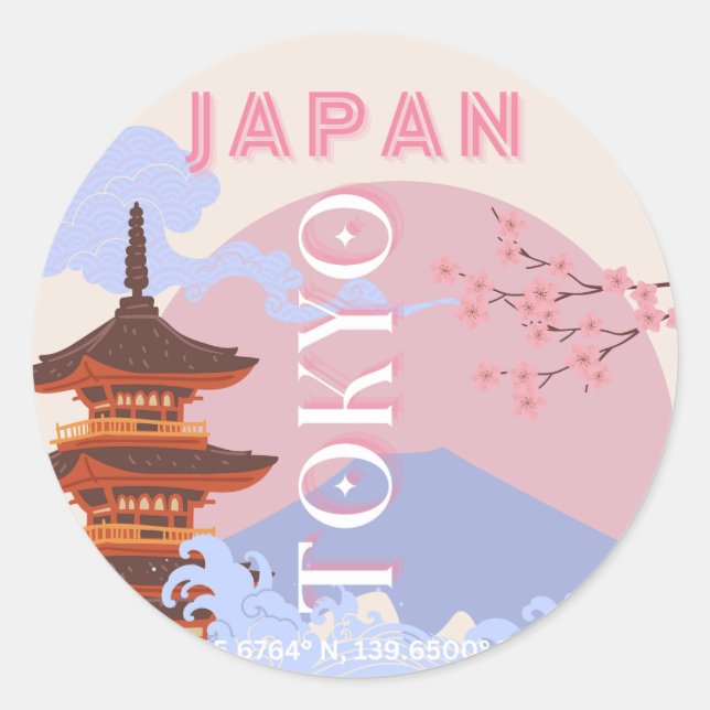 Adesivo Tóquio Japão Viagem Art, Retro-Viagem Art, Rosa (Frente)