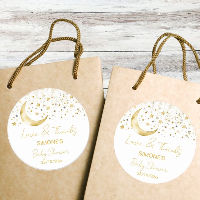 Adesivo Torção brilhando pequeno chá de fraldas de estrela (Twinkle twinkle little star baby shower thank you favor sticker gold moon stars thank you stickers)