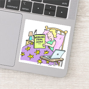 Adesivo Trabalhando em casa. Garota trabalhando na cama.