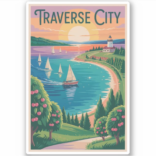 Adesivo Traverse City Lake Michigan Illustration Viagem (Frente)