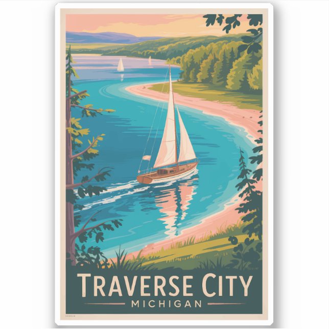 Adesivo Traverse City Michigan Illustration Viagem Art (Frente)