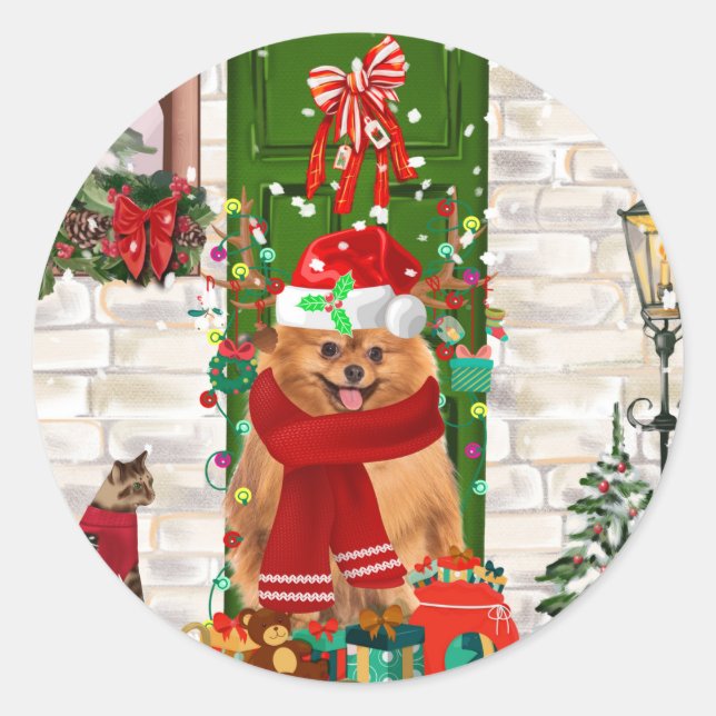 Adesivo Travesseiro decorativo de Natal de Cão Pomerano (Frente)