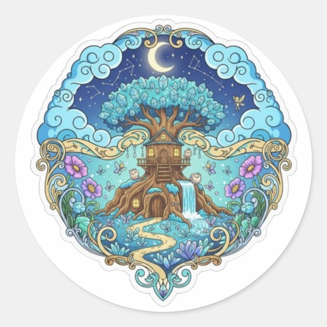 Adesivo Tree House Under Moon Fantasy magical illustration (Frente)
