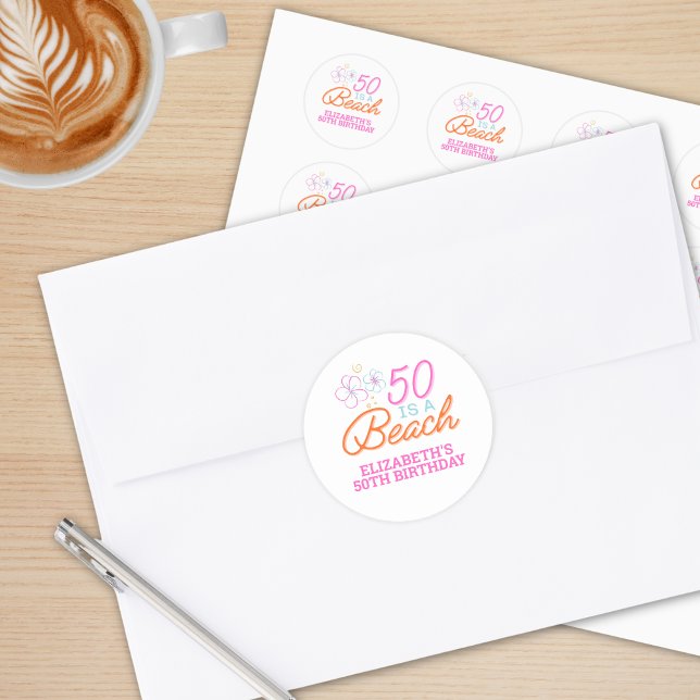 Adesivo Trendy Hand Drawn Doodle 50th Beach Birthday (Criador carregado)