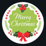 Adesivo Trendy Merry Christmas Wreath Sticker<br><div class="desc">Linda coroa de natal apresenta fita e conhaque,  folhas e forma. Você pode personalizá-lo com seu próprio texto e cor de fundo.</div>